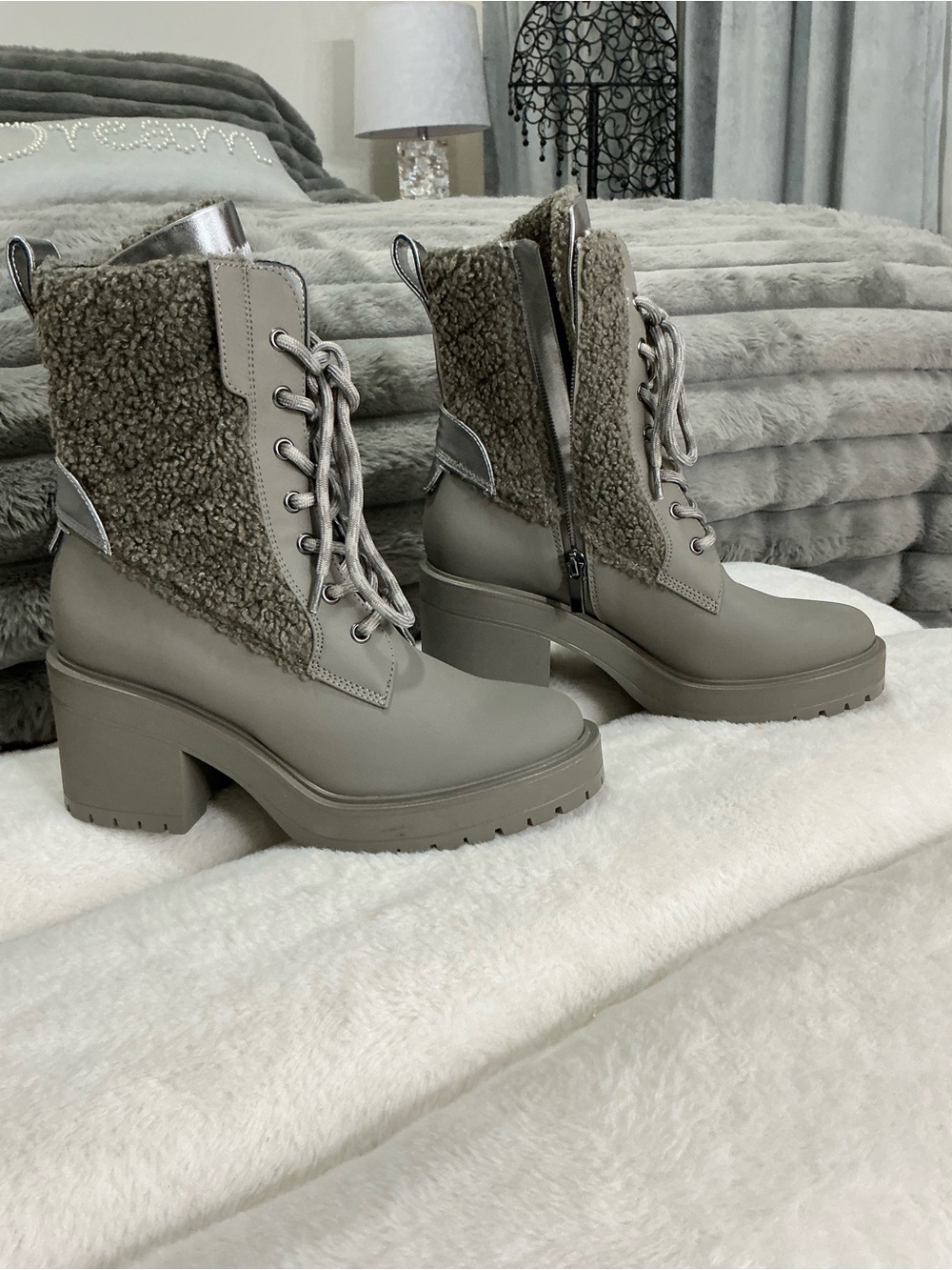Franco Sarto Taupe Lace-Up Faux-Shearling Block Heel Boots